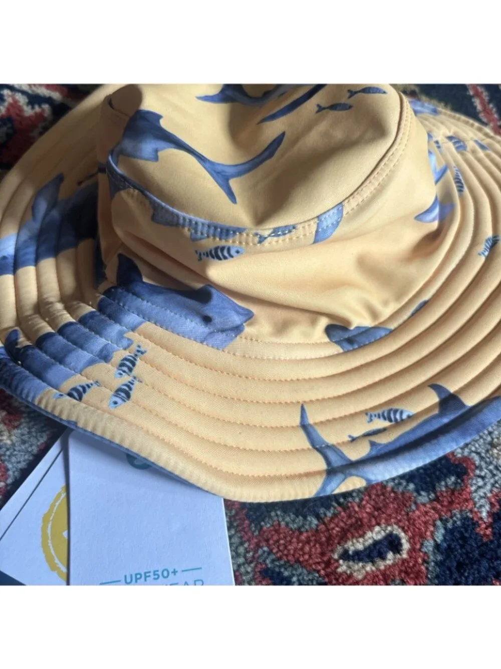 Snapperrock Newzeland  Kids SPF 50+ Yellow Bucket Hat  Shark & Fish reversible